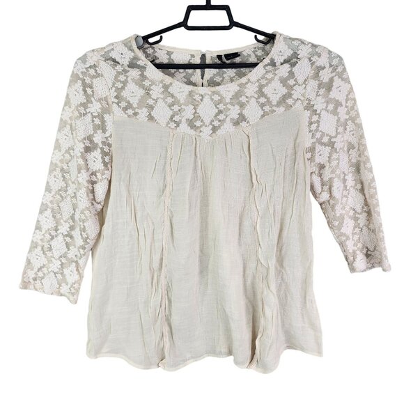 Women's Ivory White New Directions Lace Crochet Blouse Top 3/4 Sleeve Size L - Picture 1 of 10